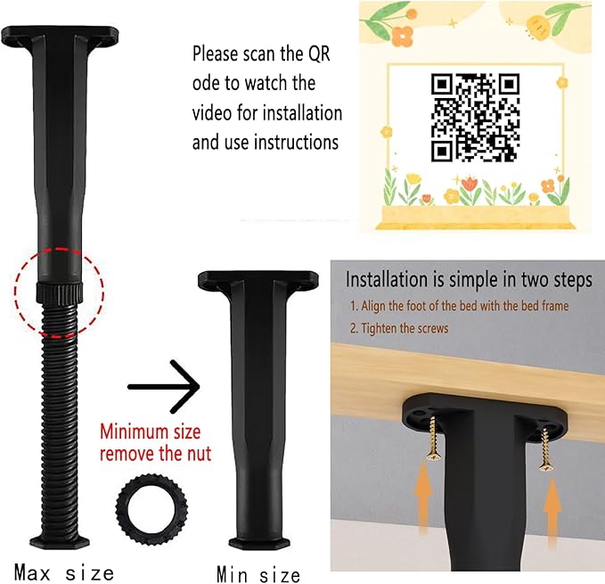 Adjustable Bed Legs 4-Pack - ABS Plastic 6"-11" Furniture Support Legs for Bed Frame/Sofa/Table, Heavy Duty Center Support with Non-Slip Base