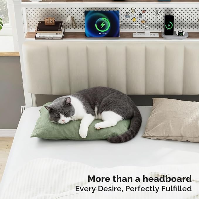 VINGLI Twin Size Headboard for Bed, Upholstered Headboards with Storage, Charging Stations and LED Lights, 2 Tier Shelves and Pegboard, Modern Twin XL Bed Head Board, Adjustable Height, White