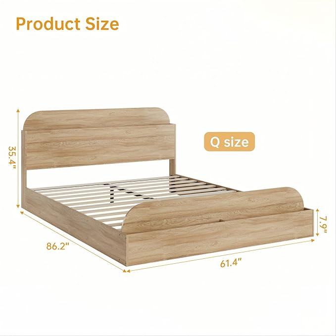 GarveeHome Queen Size Bed Frame, Wooden Beds with Storage Headboard and Raised-Foodboard, Queen-Floor Low Platform Bed for Bedroom, Sturdy Wooden Slats Support, No Box Spring Needed, Natural