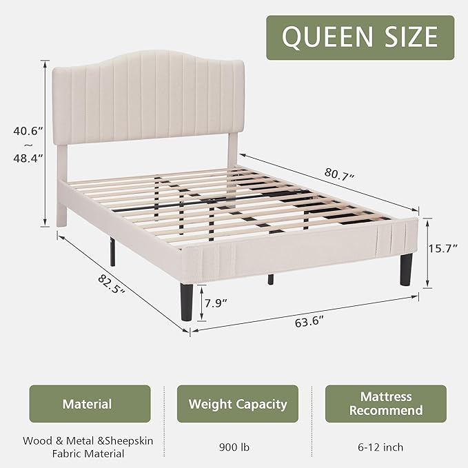 VECELO Queen Size Bed Frame Upholstered Platform Beds with Height-Adjustable Teddy Fabric Headboard, Strong Wood Slats 7.9'' Under Bed Storage Space Noise-Free No Box Spring Needed, Beige