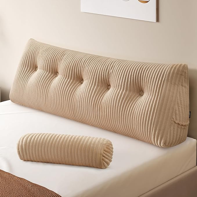 Z-hom Large Wedge Pillow Headboard, Queen Triangular Headboard Pillow, Reading Pillow Bed with a Roll Pillow for Bed Sitting Up Sleeping, Backrest Cushion Headboard Gap Pillow for Back,Beige