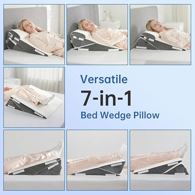 Vekkia 7-in-1 Adjustable Wedge Pillow Set for After Surgery – 2PCS Extra-Wide Bed Wedge Pillow for Adults, Ergonomic Headrest, Washable Cover for Acid Reflux, Back Pain, Sleeping, Snoring, White/Grey