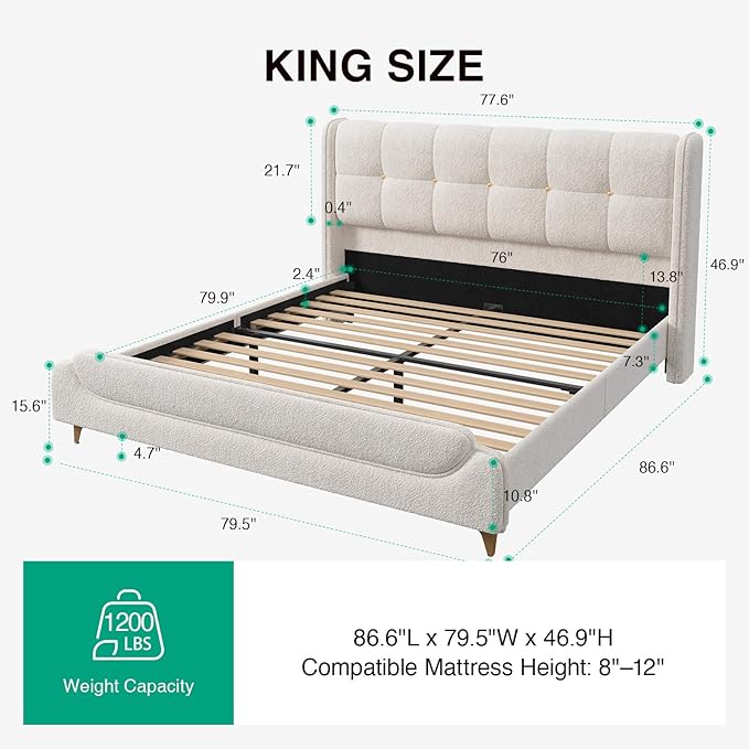 Novilla King Size Bed Frame with Charging Station & LED Lights, Upholstered French Luxury Platform Bed with Wingback Headboard, Lamb Wool Fabric, No Box Spring Needed, Easy Assembly, Cream White