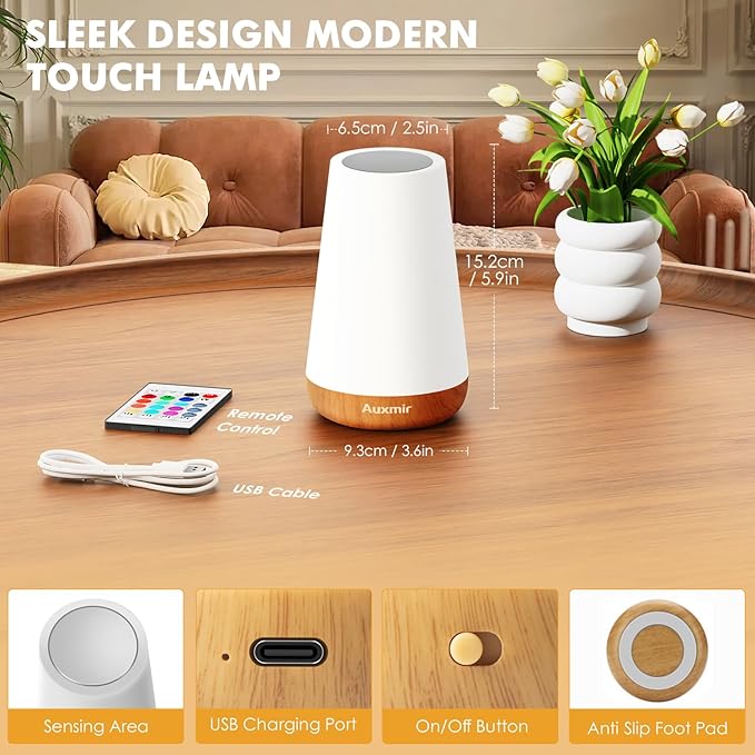 Auxmir Rechargeable LED Night Light, Touch & Remote Control Bedside Lamp with 13 Colors, 5 Brightness Levels, Portable Table Lamp for Kids Baby Nursery, Bedroom, Bathroom, Camping, Light Brown-2 Pack