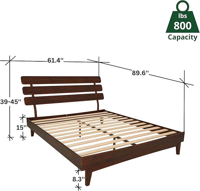 Bme Caden Queen Bed Frame and Adjustable Headboard, 15 Inch Mid Century Retro Style - Solid Acacia Wood - No Box Spring Needed - 12 Strong Wood Slat Support - Easy Assembly - Walnut