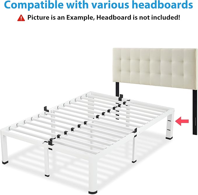 VIPSHOW 18 Inch Queen Size White Bed Frame, 3500Lbs Heavy Duty Metal Platform with Round Corner Legs Mattress Slide Stopper, Steel Slat Support No Box Spring Needed, Noise Free, Easy Assembly