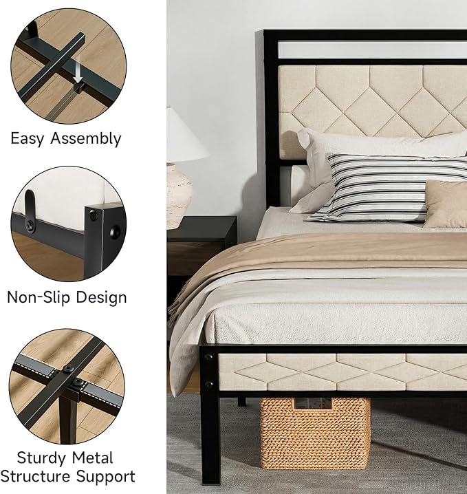 Z-hom Easy Assembly Upholstered Platform Bed Frame with Soft Padded Headboard, Modern Linen Fabric Mattress Foundation, No Box Spring Needed, Noise-Free & Sturdy Metal Support, Queen Size (Beige)