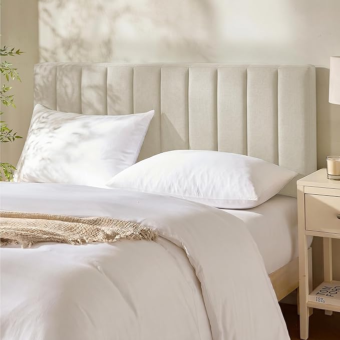 Hearth & Harbor Upholstered Full Headboard - Easy Assemble Channel Stitched Headboard Full Size - Wall Mounted Headboards with 3D Soundproof Wall Panels Peel & Stick Floating Headboards, Linen