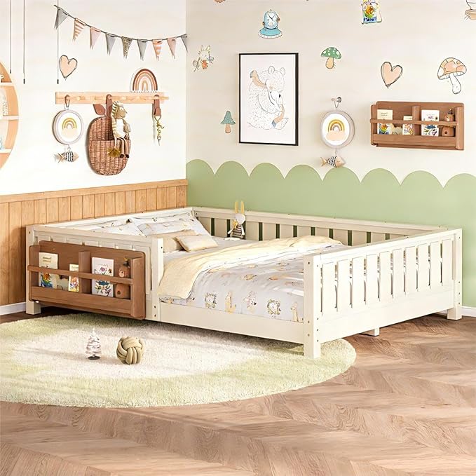 Bellemave Queen Floor Bed Frame with Fence & Bookshelf, Solid Pinewood Montessori Floor Bed Frame Queen with Slats Load 550LBS, Low Floor Bed for Kids, Bedroom, Nursery, Easy Assembly, Beige