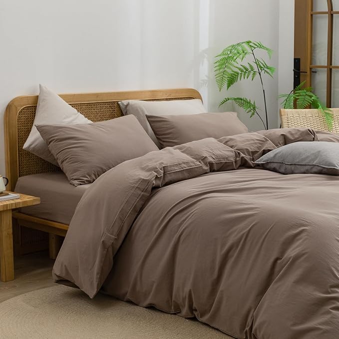BESTOUCH Duvet Cover Set 100% Washed Cotton Linen Feel Super Soft Comfortable Chic Lightweight 3 PCs Home Bedding Set Solid Pine Bark Brown Alaska King