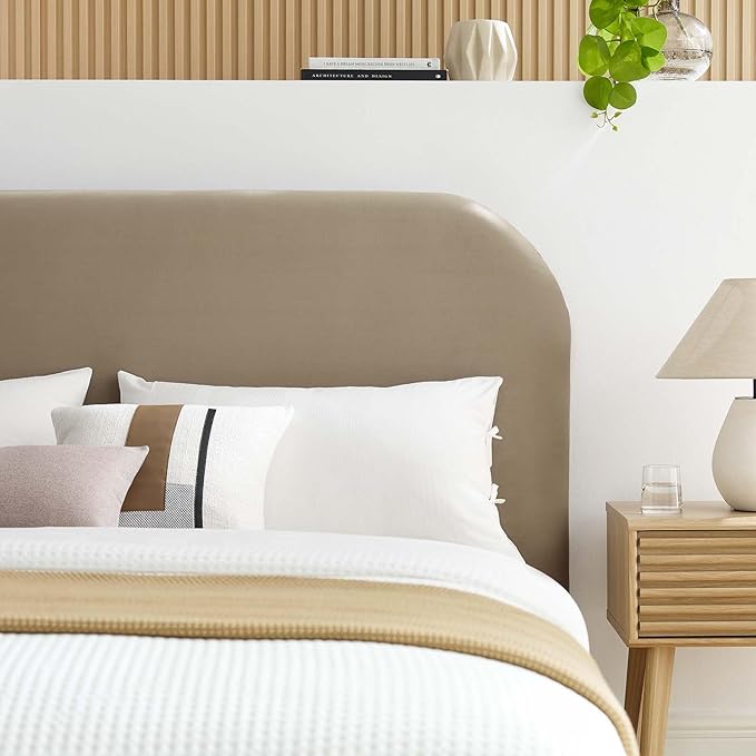 Modway Keynote Modern Full Bed Frame with Curve Shaped Headboard in Taupe, Upholstered in Performance Velvet, Full Size Platform Bed, Soft Cloud Bed Frameain-Resistant Velvet Full Bed
