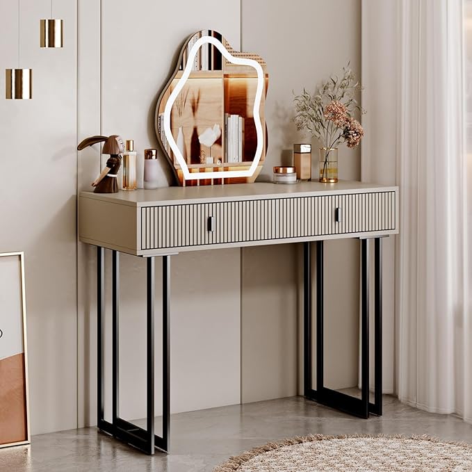 Ieejdn Morandi Gray Vanity Desk with Mirror and Lights,Small Makeup Vanity with 2 Drawers，Modern Makeup Table with Adjustable Cabinet for Bedroom,Makeup Room