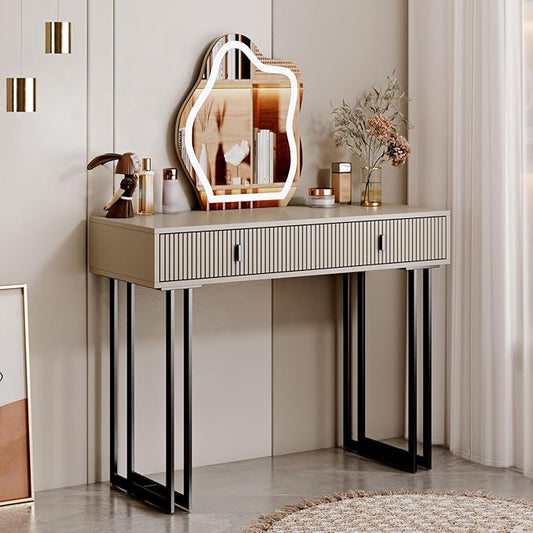 Ieejdn Morandi Gray Vanity Desk with Mirror and Lights,Small Makeup Vanity with 2 Drawers，Modern Makeup Table with Adjustable Cabinet for Bedroom,Makeup Room