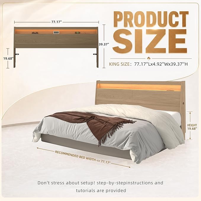Wooden Headboard Only with Storage, Skirting Groove for Enhanced Stability, Built-in Power Outlet, 2 USB Ports & LED Light - Solid Wood Leg Sturdy Stable Bed Backboard (Oak, King)