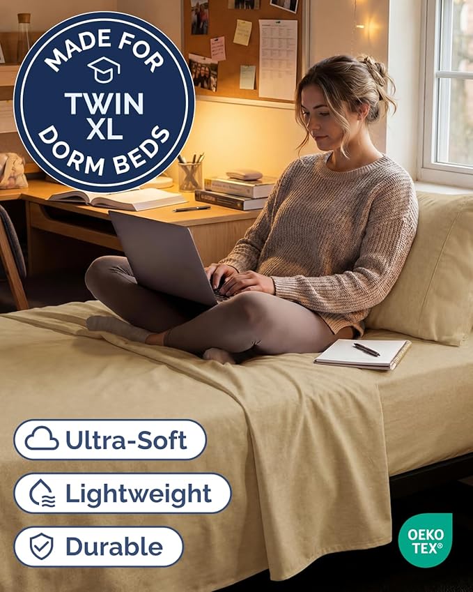 Twin XL Size 3 Piece Sheet Set - Comfy Breathable & Cooling Sheets - Hotel Luxury Bed Sheets for Women & Men - Deep Pockets, Easy-Fit, Soft & Wrinkle Free Sheets - Heathered Tan Oeko-Tex Bed Sheet Set