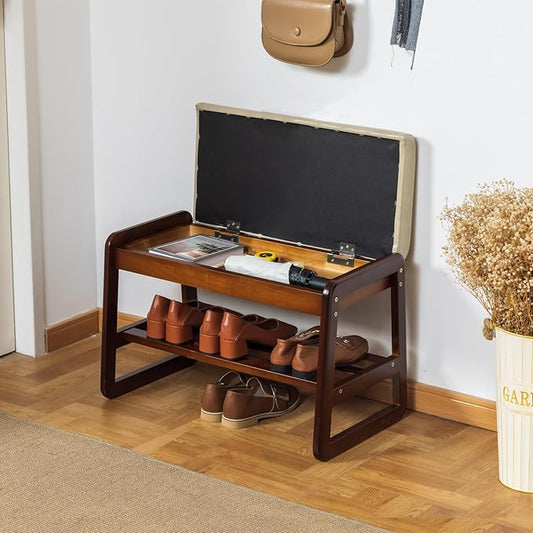 SOBIBO Shoe Bench with Storage - 2-Tier Entryway Bench, Solid Wood Shoe Rack with Cushion & Flip-Open Box, Mid-Century Modern for Hallway, Mudroom, Bedroom (Gray, 21.65'')