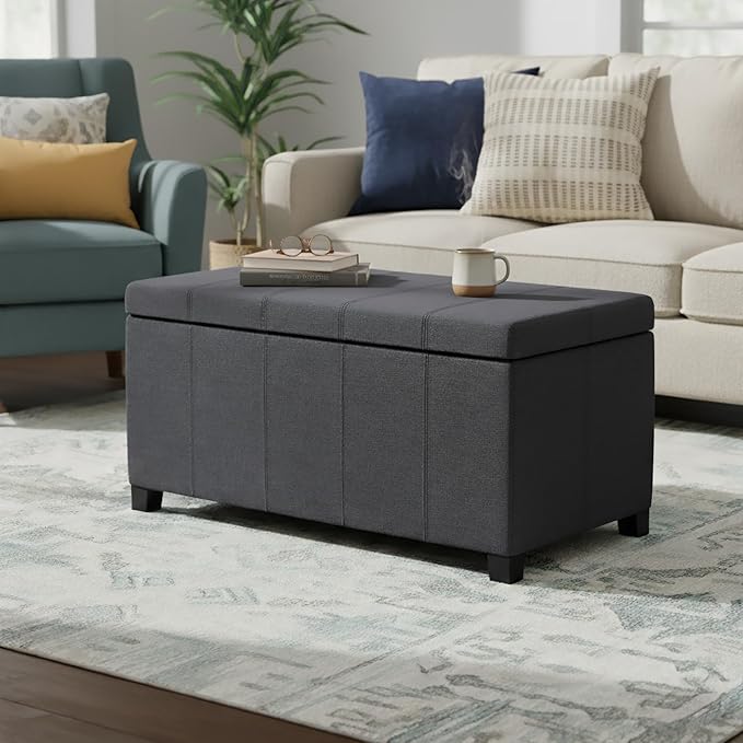 SIMPLIHOME Dover Storage Ottoman Bench - 36 inch Wide Upholstered Linen Look Fabric Rectangle Storage Ottoman Bench in Flint Grey, Contemporary Ottoman for Living Room or Entryway with Lift-Up Lid