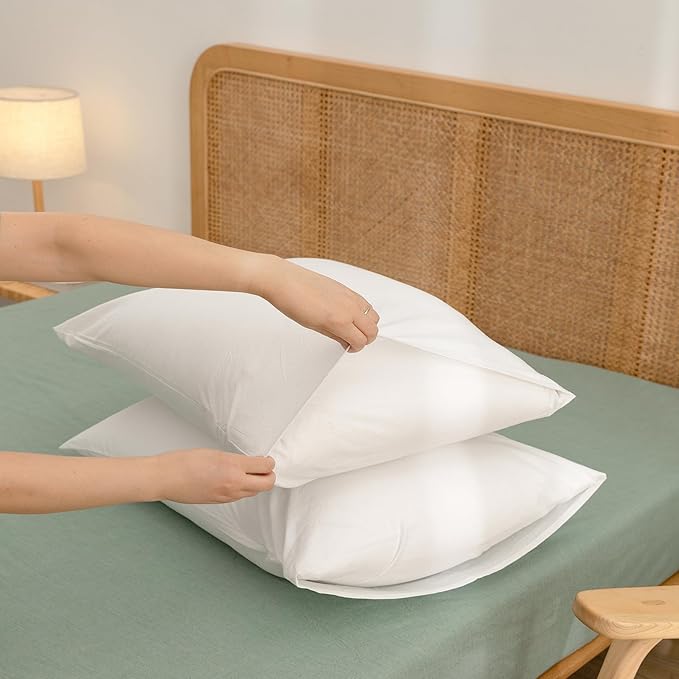 BESTOUCH 100% Washed Cotton Pillowcase for Hair and Skin Linen Feel Soft Comfortable Breathable 2 Set Pillow Case with Envelope Closure Solid Bright White Queen 20x30 Inches