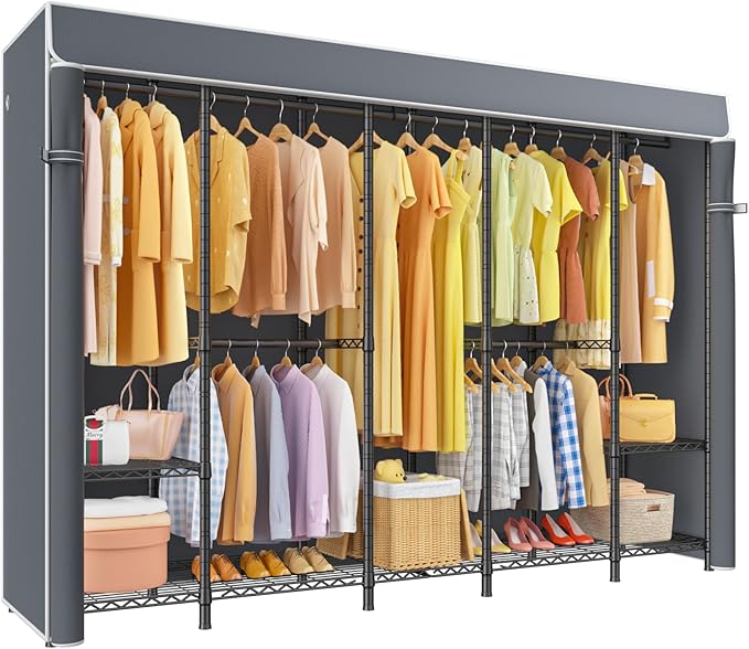 ULIFHOME H50C Extra Large Clothes Rack with Cover, Freestanding Portable Closet, Covered Clothing Racks for Hanging Clothes, Heavy Duty Garment Rack, Wardrobe Closet with Gray Cover Max Load 1350 Lbs