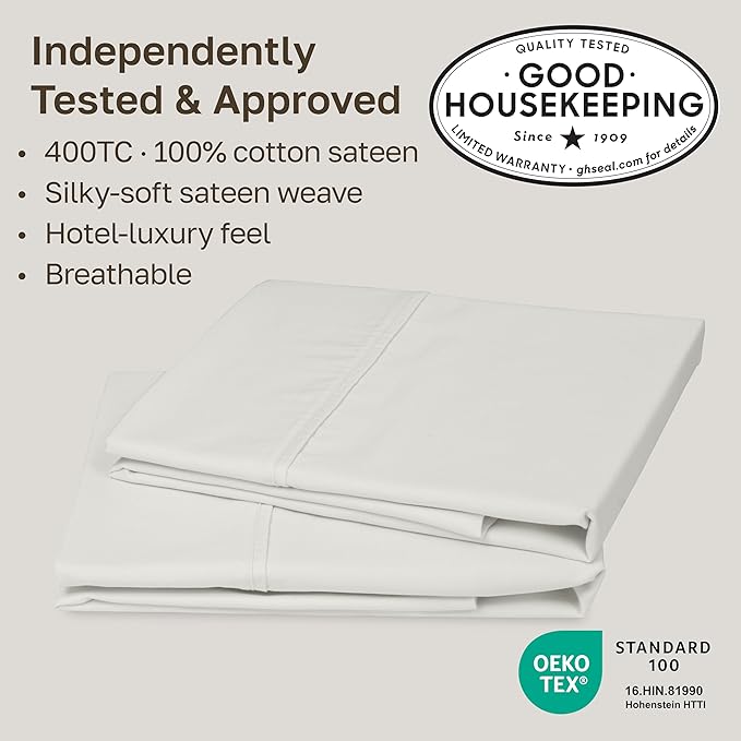 California Design Den King Size Pillowcase Set - 400 Thread Count, 100% Cotton Sateen, Set of 2 Pillow Covers, Soft and Breathable - Ivory (Pale Tone)