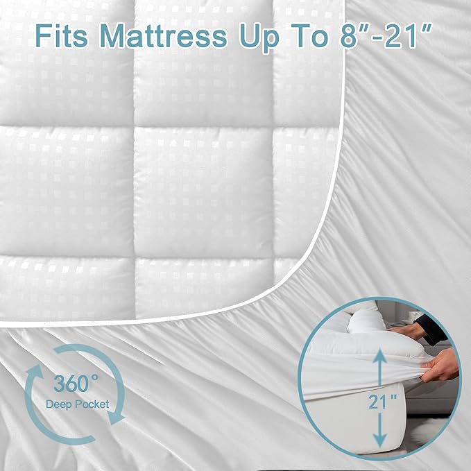 HYLEORY Twin XL Mattress Pad Quilted Fitted Mattress Protector Cooling Pillow Top Mattress Cover Breathable Fluffy Soft Mattress Topper with 8-21" Deep Pocket