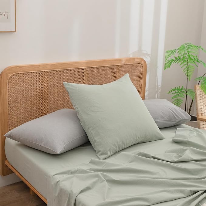 BESTOUCH 100% Washed Cotton Pillowcase for Hair and Skin Linen Feel Soft Comfortable Breathable 2 Set Pillow Case with Envelope Closure Solid Light Grey Queen 20x30 Inches