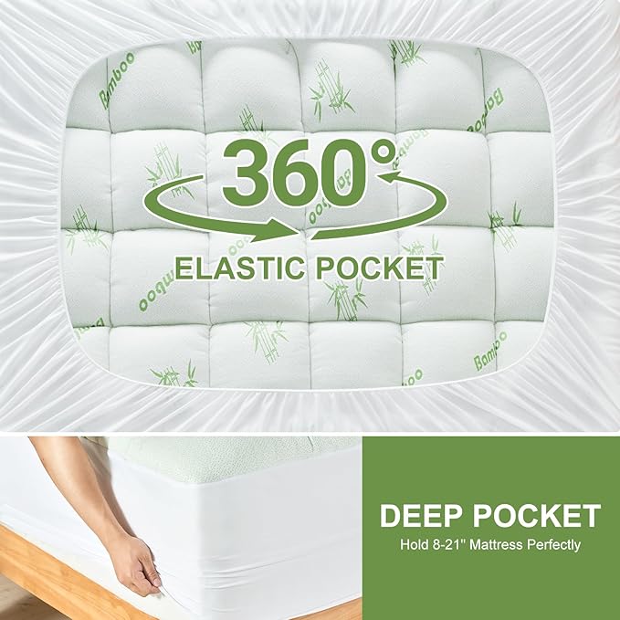Twin Size Mattress Topper Viscose Derived from Bamboo, Soft Thick Pillow Top Mattress Pad Cover for Back Pain, Cooling Mattress Protector with 8-21 Inch Deep Pocket, White