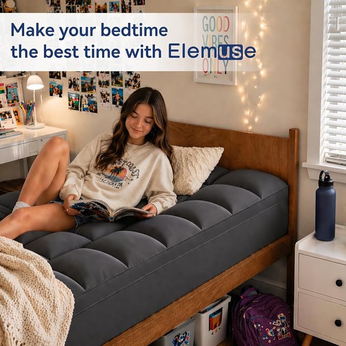 ELEMUSE Twin Grey Mattress Topper for Back Pain, Extra Thick Mattress Pad Cover, Plush Soft Pillowtop with Elastic Deep Pocket, Overfilled Down Alternative Filling