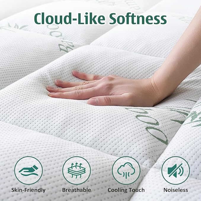 DOWNCOOL Memory Foam Mattress Topper Full, Cooling Pillow Top Mattress Pad with Viscose Derived from Bamboo, Back Pain Relief, Deep Pocket Fits 8–21 Inch
