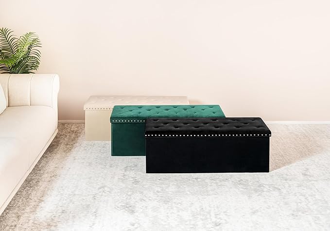 PINPLUS Black Storage Ottoman Bench for Bedroom, Folding Velvet Chest with Benches Foot Rest Stool, Large Long Shoes Chest for Bedroom, Living Room, 43.3"x15.7"x15.7"