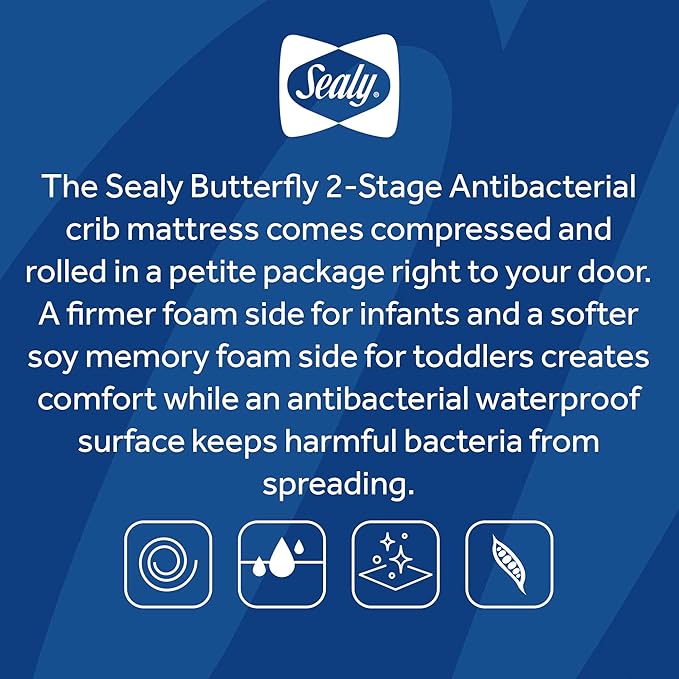 Sealy Baby Butterfly Antibacterial 2 Stage Waterproof Crib Mattress Plus Toddler Bed Fit, Ultra Firm Orthopedic Foam, GREENGUARD Gold Certified, Safety & Quality Tested, Made in USA, 52"X28"