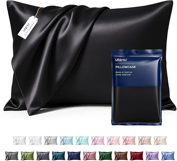 MR&HM Satin Pillowcase for Hair and Skin, Silk Satin Pillowcase 2 Pack, Standard Size Pillow Cases Set of 2, Silky Pillow Cover with Envelope Closure (20x26, Black)