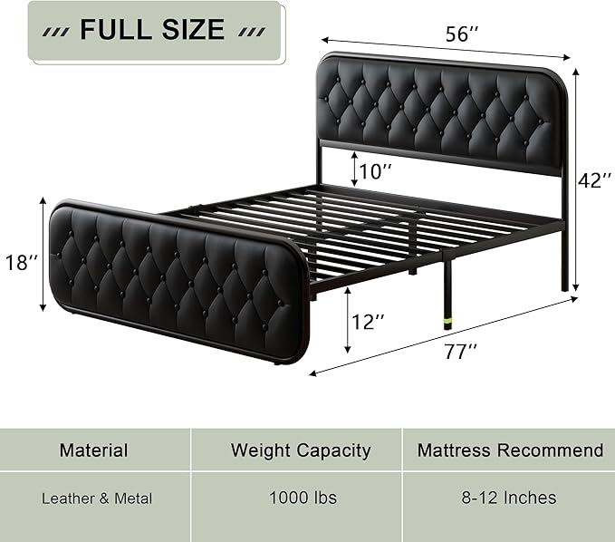 Feonase Full Size Bed Frame, Heavy Duty Bed Frame with Faux Leather Headboard, Upholstered Platform Bed with Strong Metal Slats, 12" Under-Bed Storage, Noise-Free, Easy Assembly, Black