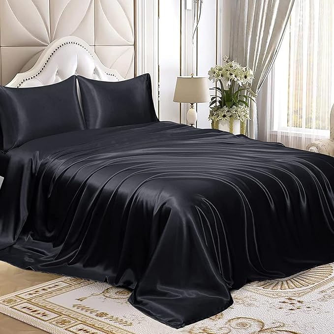 Homiest 3pcs Satin Sheets Set Luxury Silky Satin Bedding Set with Deep Pocket, 1 Fitted Sheet + 1 Flat Sheet + 1 Pillowcase (Twin XL Size, Black)