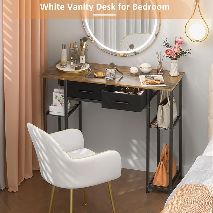 DAOUTIME Computer Desk with Drawers, 37.3 Inch Home Office Work Desk with Storage Shelf, Kids Teens Study Table for Small Space, Small Writing PC Table for Bedroom Makeup Vanity Desk, Brown