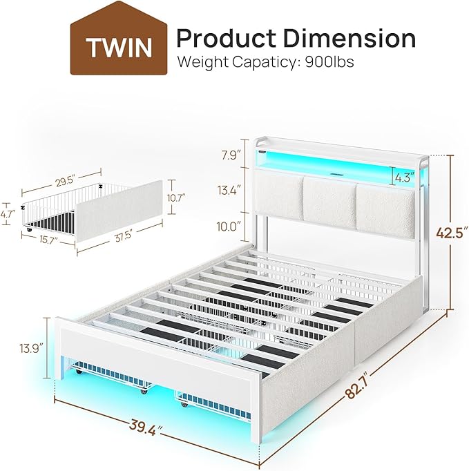 Rolanstar Bed Frame Twin Size with Charging Station and LED Lights, Upholstered Storage Headboard with Drawers, Heavy Duty Metal Slats, No Box Spring Needed, Noise Free, Easy Assembly, White