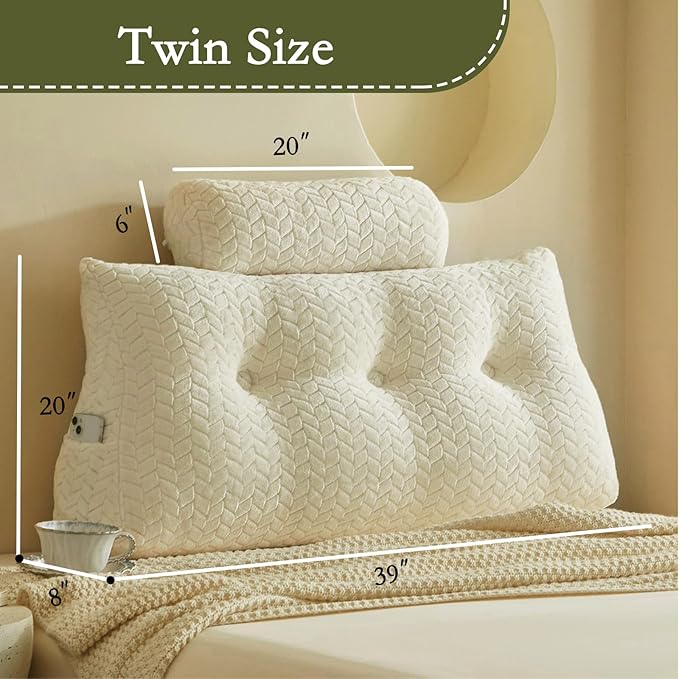 YOUR MOON Wedge Headboard Pillow Twin Size, Triangular Wedge Backrest Pillow with 1 Pack Neck Roll Pillows, Headboard Pillow for Bed,Daybed,and Lounging, Large Bed Bolster Pillows,Off White
