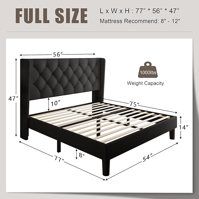 Einhomn Black Platform Bed Frame Full Size with Fabric Upholstered Wingback Headboard, 12" Under Bed Space, Wooden & Metal Slats Support, No Box Spring Needed
