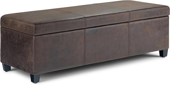 SIMPLIHOME Avalon Storage Ottoman Bench - 48" Wide x 16" High Upholstered Vegan Leather Rectangular Lift-Top Ottoman in Distressed Brown, Contemporary Bench for Living Room with High-Density Foam