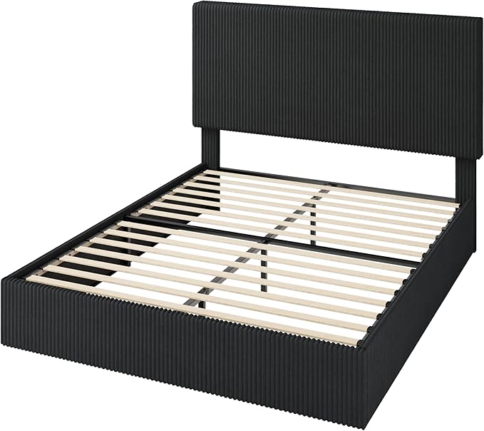Allewie Queen Bed Frame, Upholstered Platform Bed, Adjustable Vertical Channel Tufted Headboard, Corduroy Fabric, Modern Low Profile, Wooden Slats, No Box Spring Needed, Easy Assembly, Black