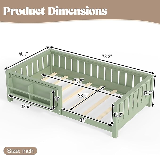 Bellemave Twin Floor Bed Frame with Fence & Bookshelf, Solid Pine Wood Twin Montessori Floor Bed with Slats Load 250LBS, Low Profile Floor Bed for Kids, Bedroom, Nursery, Easy Assembly, Green