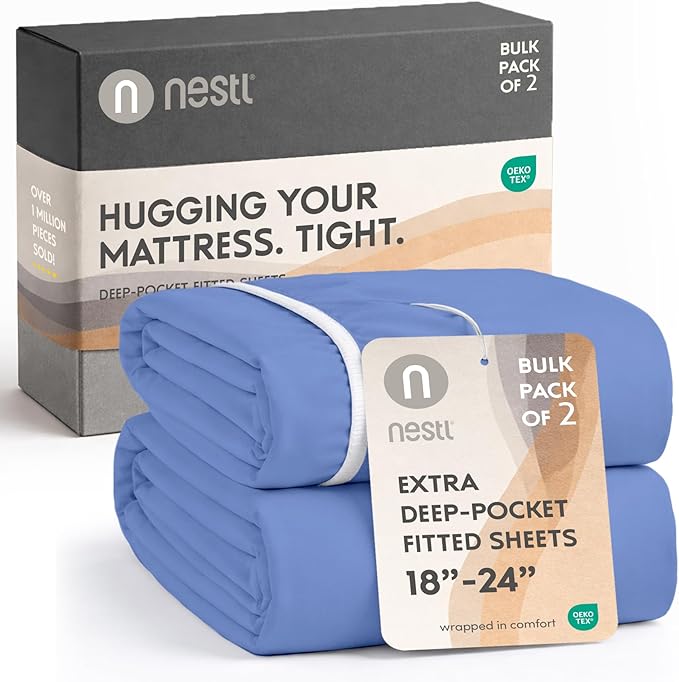 Nestl 2 Pack Calm Blue Fitted Sheet Extra Deep Pocket, Hotel Luxury KingFitted Sheet Only Easily Fits 18 to 24 Inch Mattress, Super Soft, Wrinkle-Free and Breathable with Corner Straps