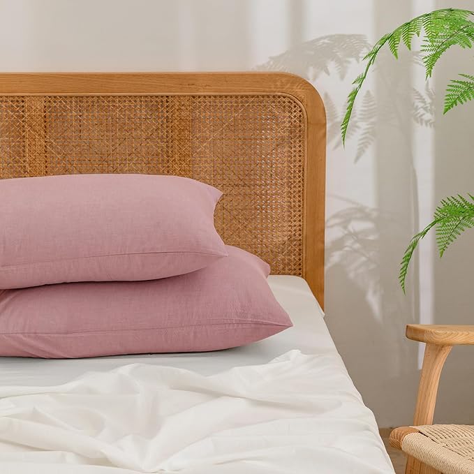 BESTOUCH 100% Washed Cotton Pillowcase for Hair and Skin Linen Feel Soft Comfortable Breathable 2 Set Pillow Case with Envelope Closure Solid Red Pink King 20x36 Inches