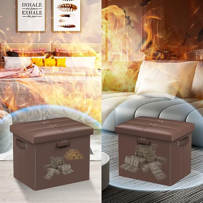 DocSafe Storage Ottoman Foot Rest Stool with Lock ＆ Handle, Fireproof Folding Leather Footstool Bench with Storage Safe for Living Room Bedroom, Home Office, Dorm, 17x13x13in, Brown