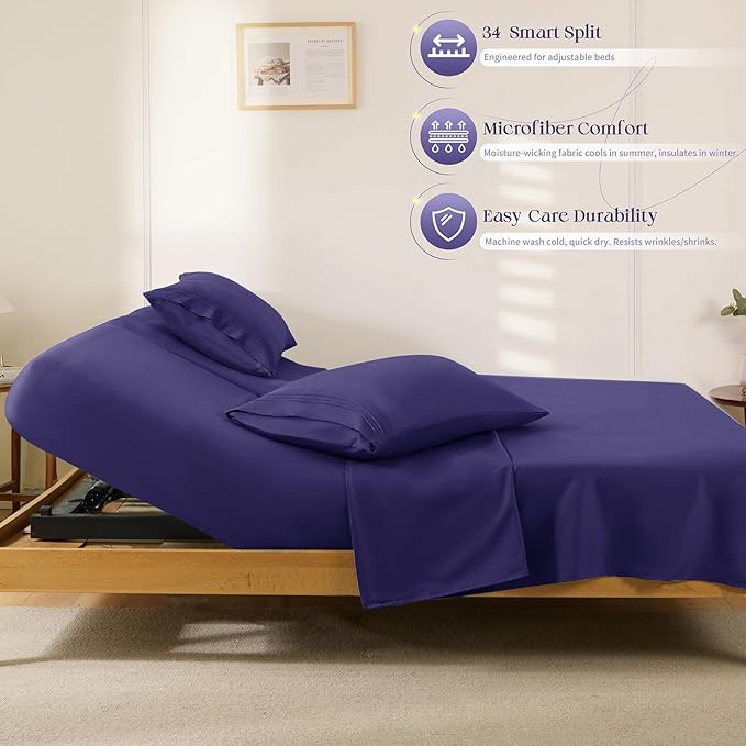 Manyshofu 4 Piece Split Head King Sheets Sets for Adjustable Bed Sheet, Flex Head Split Top King Sheets Purple Sheet Set - 1800 Thread Count Bedding Set with 14-16 Inch Deep Pockets