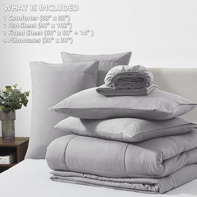 CozyLux Queen Comforter Set Grey, 7 Pieces Bed in a Bag, Gray Comforters Queen Size, All Season Bedding Sets with Stitch Quilted Comforter, Flat Sheet, Fitted Sheet, Pillowcases