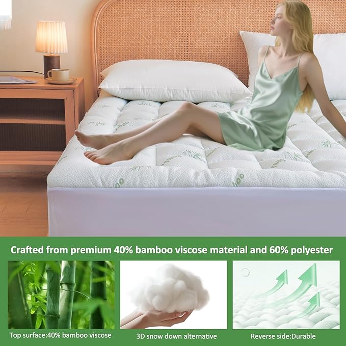 Cooling Mattress Topper Twin – Extra Soft Pillow Top Mattress Pad, Breathable Viscose Made from Bamboo Mattress Protector for Back Pain Relief, Deep Pocket Cover Fits 8–21 Inch