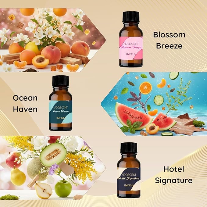Luxury Hotel Collection Aroma Oils, White Tea Rain Forest Ocean Haven Blossom Breeze Hotel Signature Scents, 5 x 15ml Bottles for Home Office Spa Ambience, Premium Oil Diffuser Set