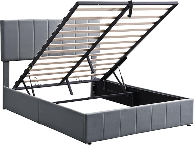Harper & Bright Designs Upholstered Full beds Gas Lift Up Storage Platform Bed Frame with Tufted Headboard Wooden Slat Support and Under Bed Storage, Grey