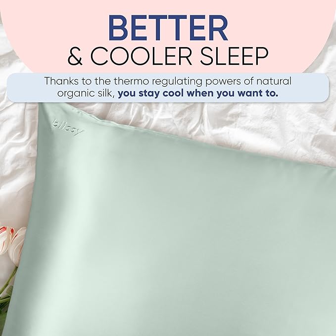 Blissy Silk Pillowcase - 100% Pure Mulberry Silk - 22 Momme 6A High-Grade Fibers - Silk Pillow Cover for Hair & Skin - Regular, Queen & King (Matcha, King)